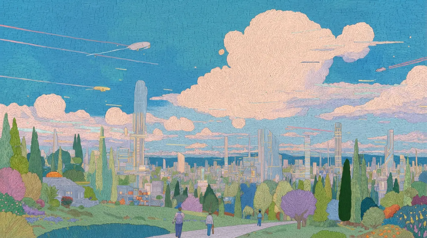 Editorial illustration of a futuristic skyline in soft pastel colors.