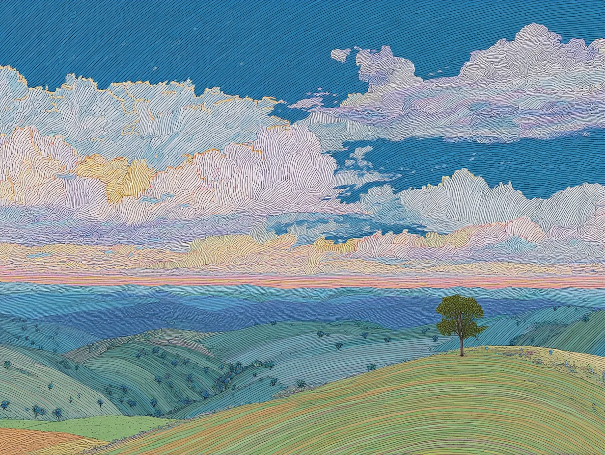 Illustrated rolling hills with a lone tree under a bright sky.