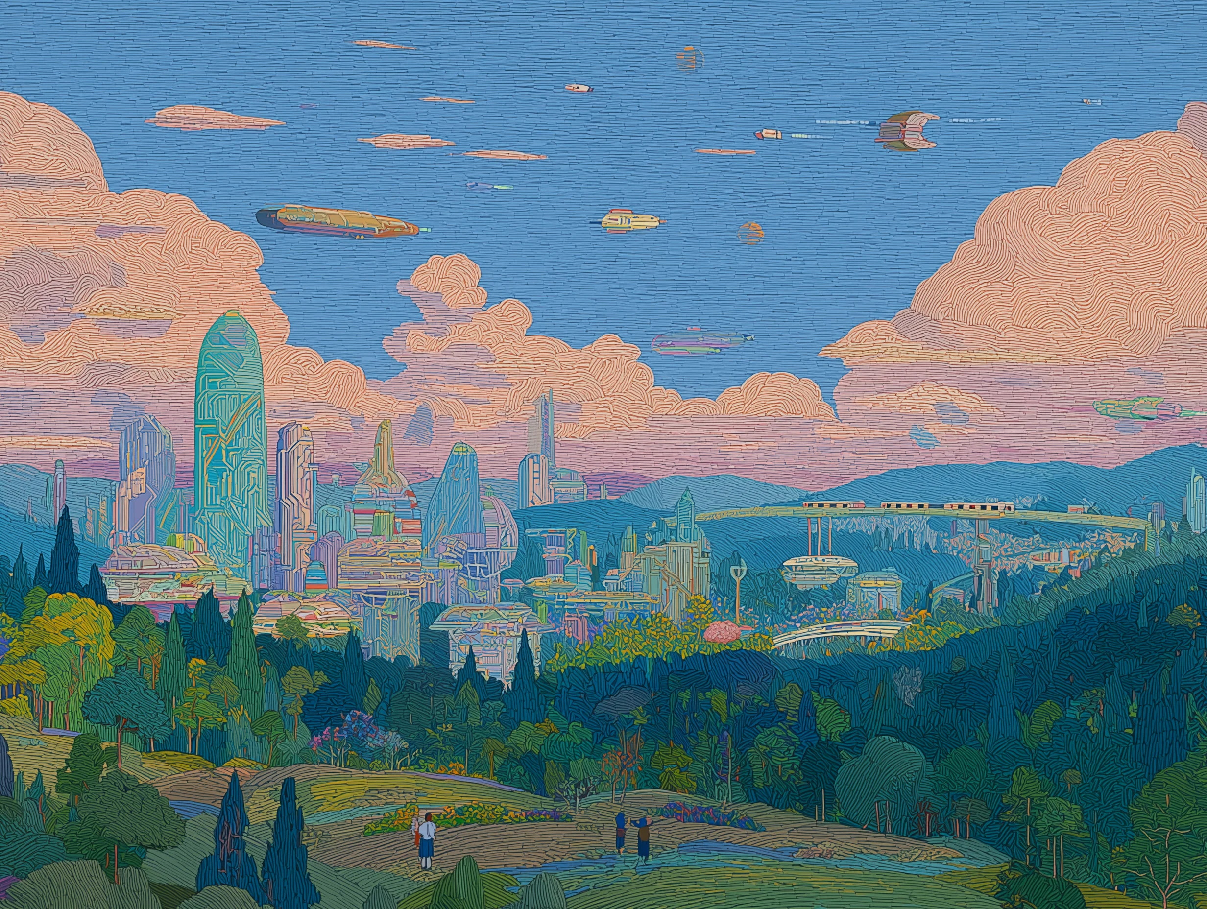 Illustrated future city viewed from a green hillside at dusk.