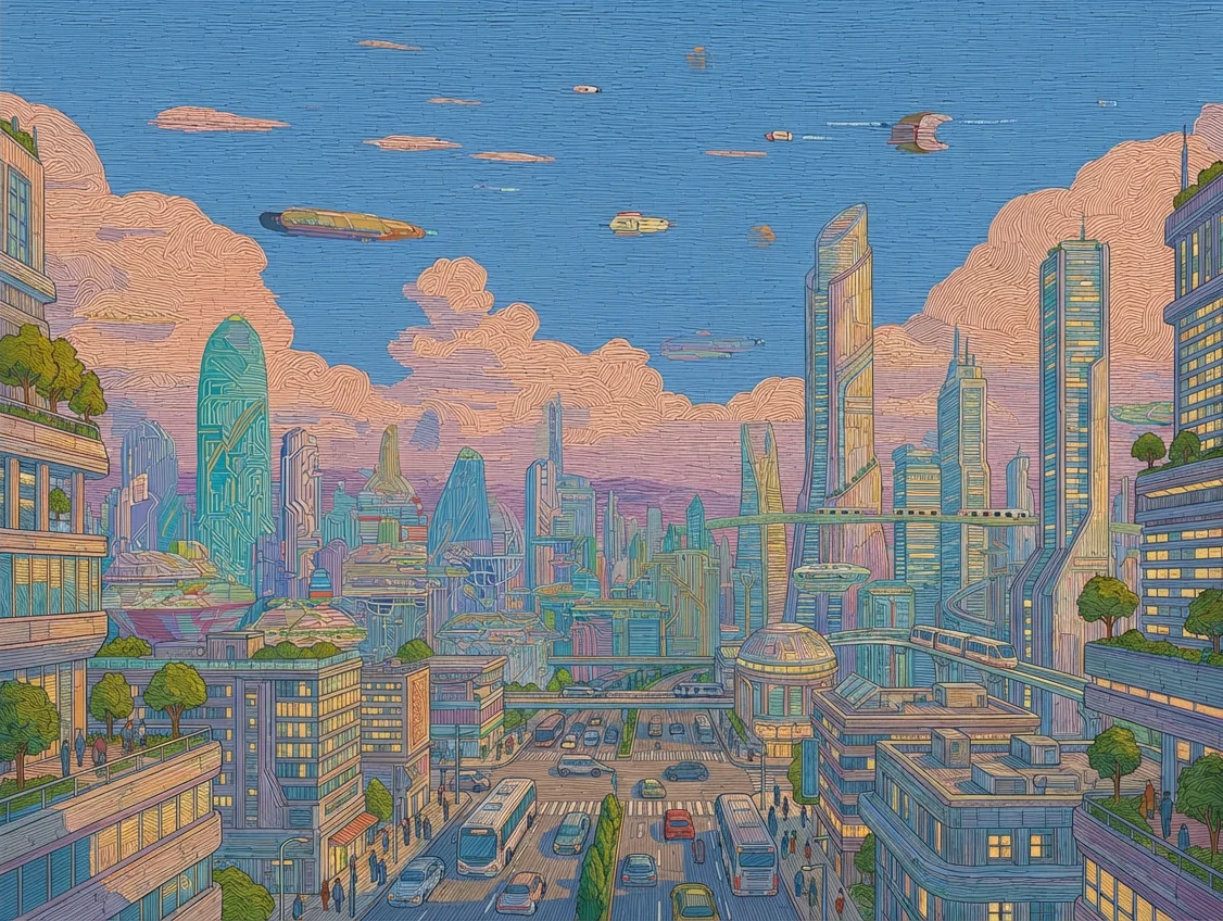 Illustrated city avenue framed by futuristic towers and a pastel sky.
